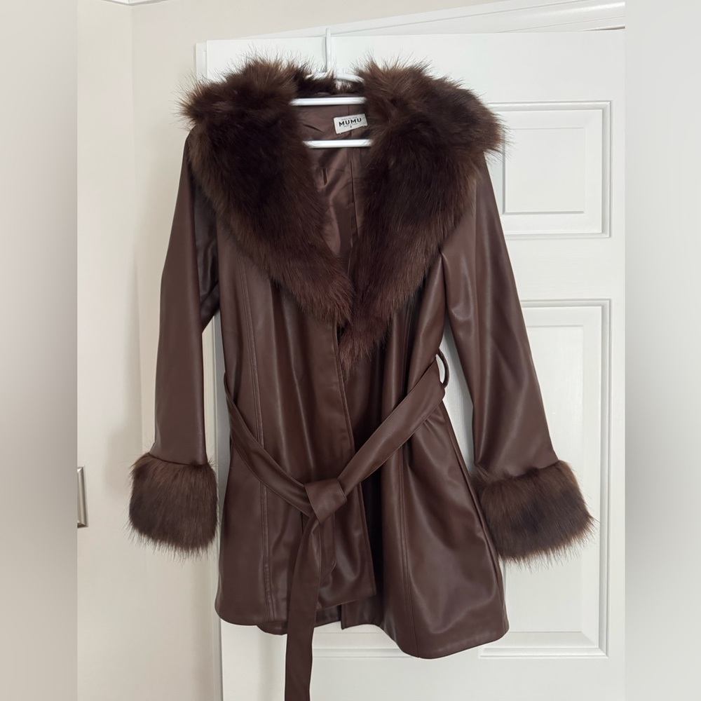 Show Me Your MuMu Brown Leather Jacket with Faux Fur Trim